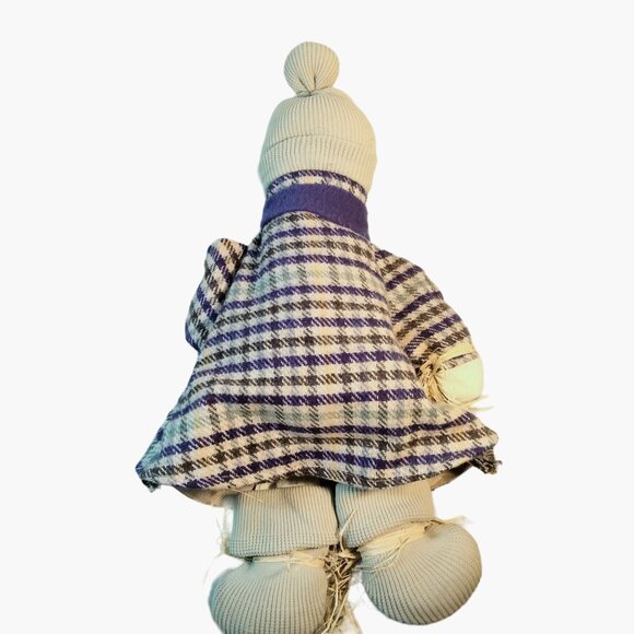 Snowman Doll Purple Plaid Coat Scarf Hat Shelf Sitter Handmade Fabric - Picture 9 of 9